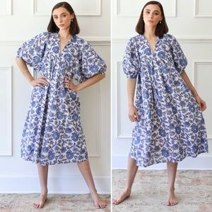 Mille White/Blue Floral Cotton Half Sleeve Saffron Midi Shift Dress L